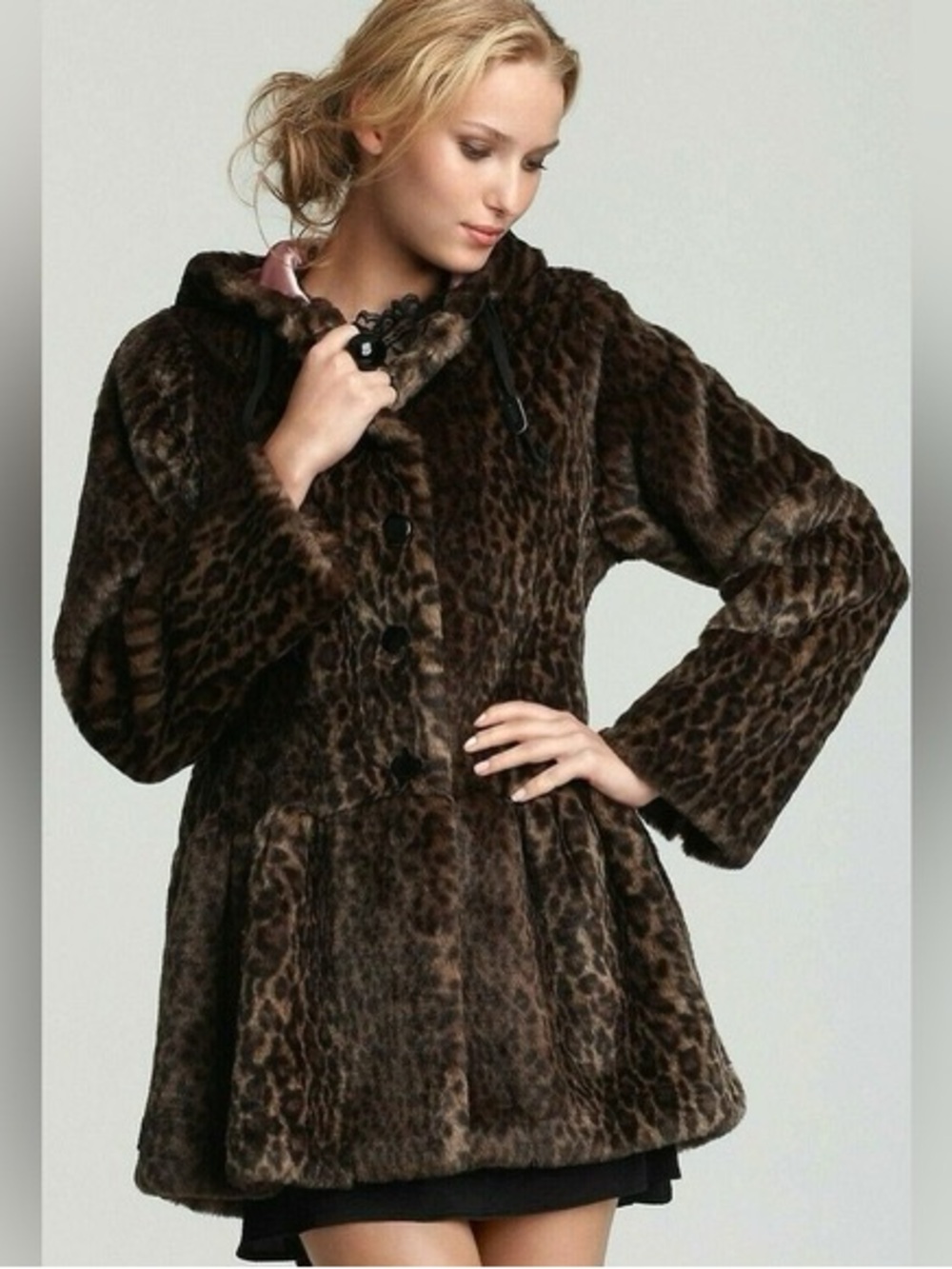 Free People About Town hooded coat faux fur leopard animal print jacket